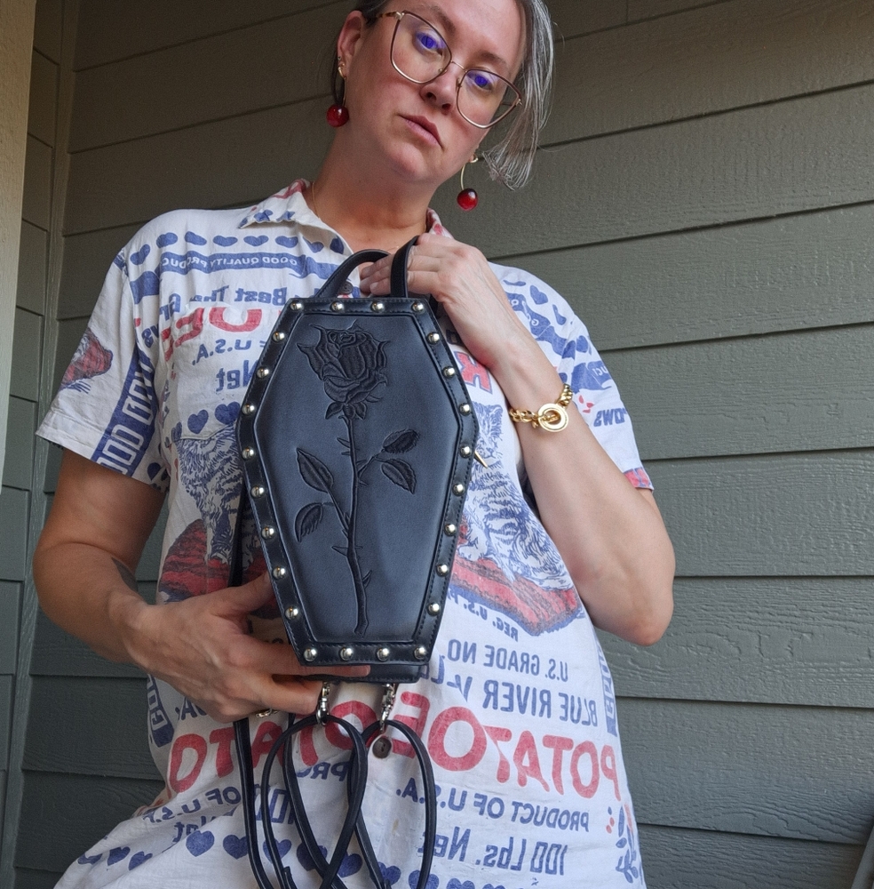 Dolls Kill Black Coffin Rose Embossed Studded Backpack